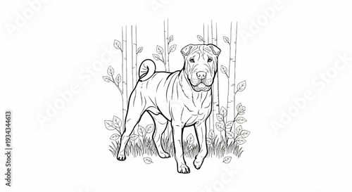 A distinctive dog with wrinkled skin stands amidst trees and foliage