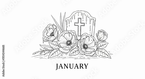 Sketch of a tombstone with a cross, adorned with poppies and foliage