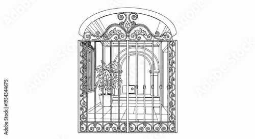 Ornate wrought iron gate with arched top, opening to an interior passage with a plant