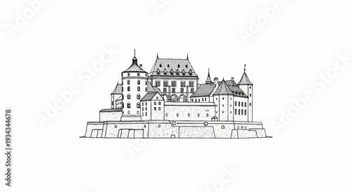 Ornate stone fortress with varied towers, pitched roofs, and a fortified base