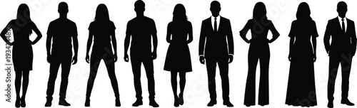 Diverse Business Men and Women Silhouettes Standing Together in Formal and Casual Attire Isolated on White Background, Corporate Team Concept