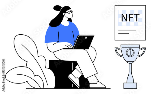 NFT concept. NFT certificate, digital asset ownership, and collectibles with a woman on a laptop. NFTs empower creators with ownership. Perfect for blockchain, tech, digital economy, marketing