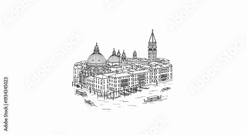Sketch of classic architecture with domes and canal boats on water
