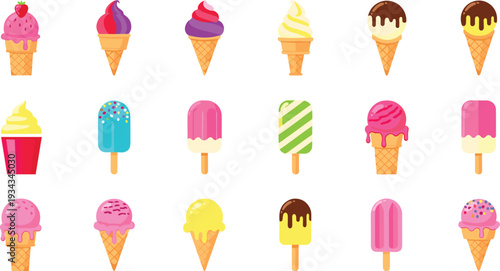 Colorful Ice Cream and Popsicle Set with Waffle Cones, Frozen Desserts and Sweet Summer Treats Flat Vector Illustration Collection