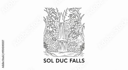 Sketch of a tall, multi-tiered waterfall surrounded by dense foliage and trees