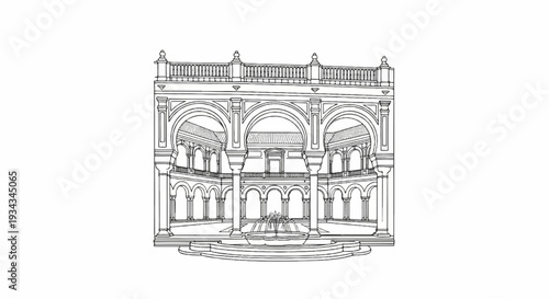 Ornate courtyard with arches, columns, and a tiered fountain