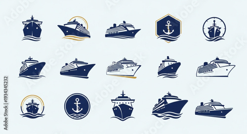 Collection of various cruise ship and boat logos in blue color.