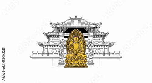 A golden Buddha statue sits before a detailed, ink-style drawing of a pagoda