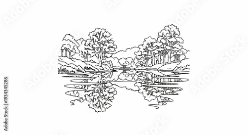 Stylized line art depicts a serene forest scene with a calm lake reflecting the trees