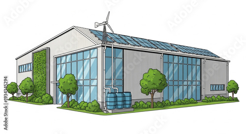 Modern Sustainable Building with Solar Panels.