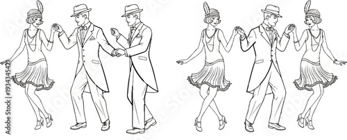 Vintage couples dancing the Charleston, dressed in 1920s fashion