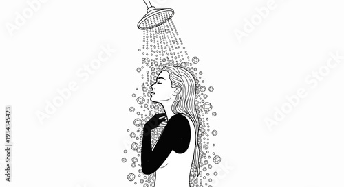 Woman's profile under a shower head with falling water and bubbles