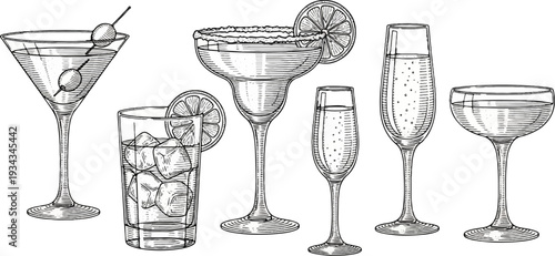 A collection of etched drawings of various alcoholic beverages in elegant glassware