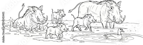 Warthog family enjoys a mud bath with a duck watching