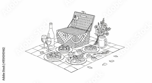A charming outdoor picnic spread with a wicker basket, food, and drinks