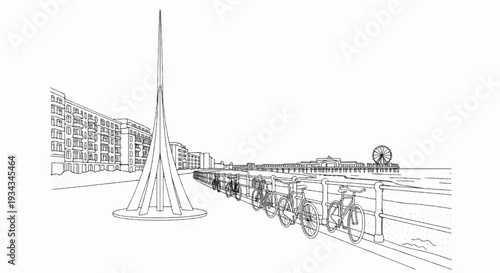 Seaside promenade with monument, buildings, pier, Ferris wheel, and bicycles