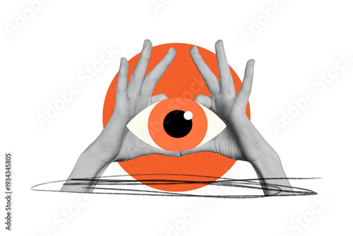 Canvastavla Creative retro 3d magazine collage image of hands show human eyeball stare third