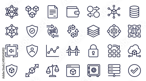 Collection of security and business icons representing various concepts and ideas in a simple line style