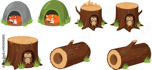 Forest animal habitat set featuring tree stumps logs and fox den isolated on white background woodland vector illustration collection