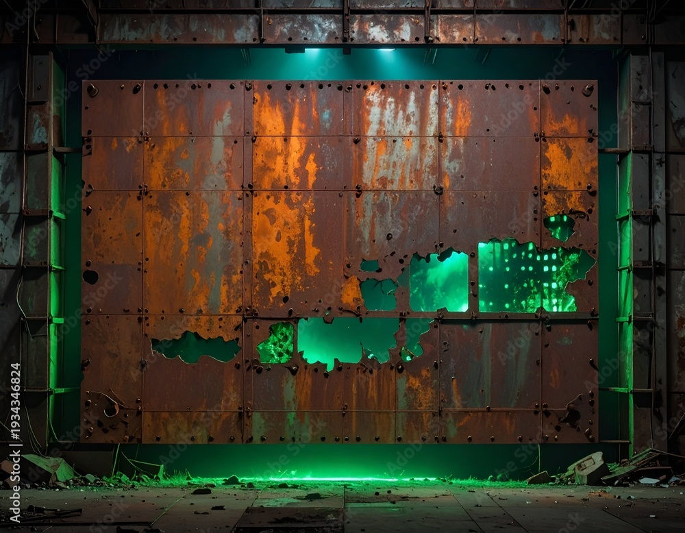 Fototapeta premium Rusty Metal Door with Green Lights in Abandoned Industrial Setting.