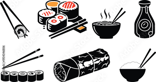 Japanese food vector icon set. Includes sushi roll, chopsticks, rice bowl, soy sauce bowl. Created in black silhouette style with white background.Silhouette icon set of asian cuisine ingredients.