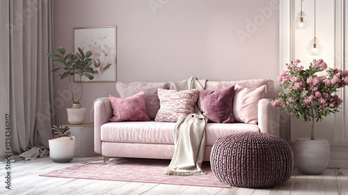 Cozy living room with pink sofa and plants in a home setting
