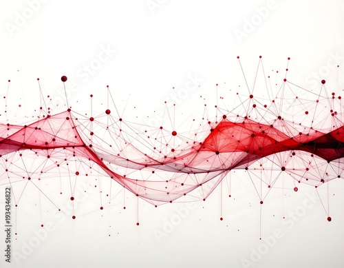 An abstract image features a flowing, web-like structure in crimson, set against a clean white backdrop, creating a sense of dynamic connection