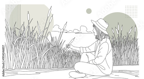 Artist sketching reeds by lake in minimalist line art style, abstract shapes background