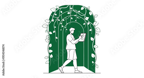 Artist Sketching Underneath a Verdant Green Nature Archway