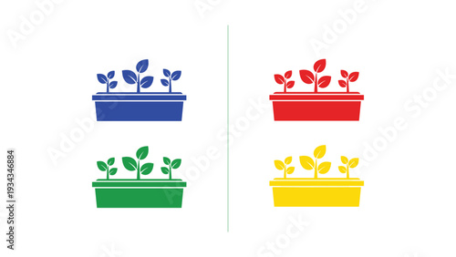 Colorful flower pots with different plants and blooms displayed in a grid layout
