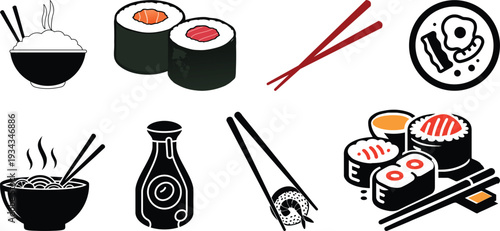 Japanese food vector icon set. Includes sushi roll, chopsticks, rice bowl, soy sauce bowl. Created in black silhouette style with white background.Silhouette icon set of asian cuisine ingredients.