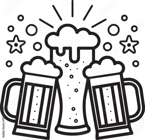 Minimal black outline beer mug icon, two clinking beer glasses with foam, bold clean stroke line art, simple flat vector illustration, no fill, no gradient, monochrome black color, consistent stroke w