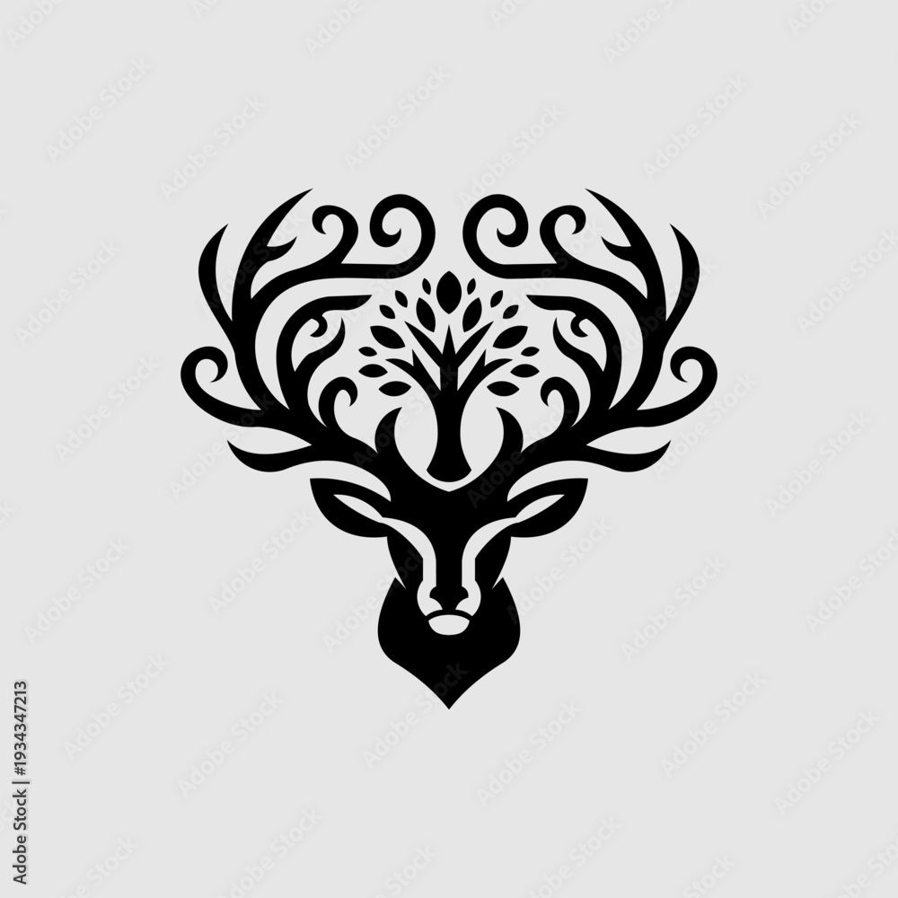Naklejka premium Decorative Deer Head Logo with Tree of Life Concept