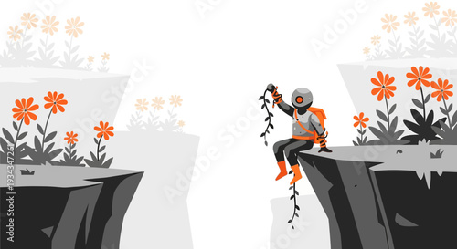 Astronaut Sits on Cliff Edge, Holding Vine, Surrounded by Abstract Flowers