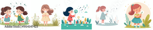 vector of a little girl blowing dandelion flowers in spring