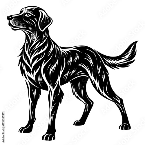 Striking stylized black Labrador retriever illustration in a proud standing pose, featuring an intricate fur pattern, ideal for elegant design projects