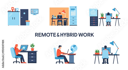 Remote & Hybrid Work Environments: Diverse Illustrations of Home Office Setups, Flexible Schedules, and Telecommuting Concepts