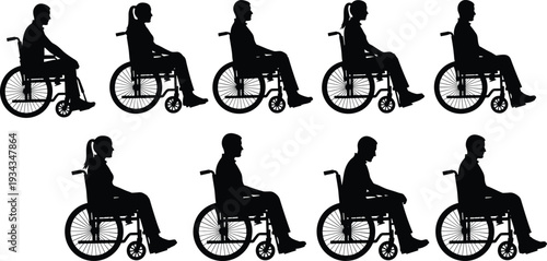 Wheelchair users silhouettes collection, disabled men and women sitting in wheel chairs black side view figures isolated on white background