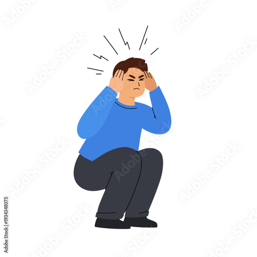 Young man sitting and holding his head, experiencing stress, headache or anxiety. Mental health concept, burnout, depression, emotional tension illustration in flat vector style.