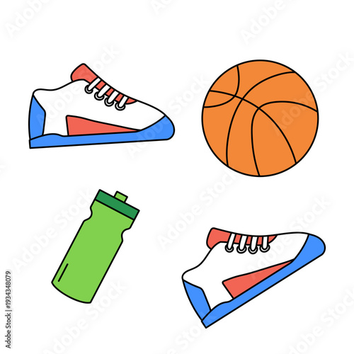 Sports equipment composition with sneaker, basketball and water bottle. Active lifestyle, fitness and healthy habits concept. Flat vector illustration isolated on white background.