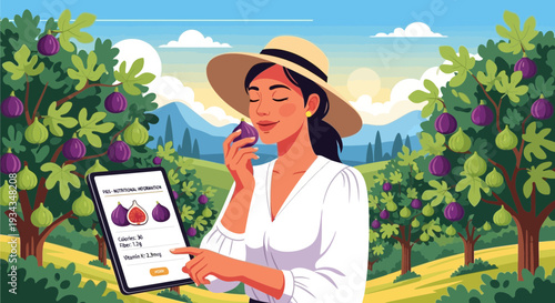 Woman in Hat Smelling Fresh Fig Holding Tablet.