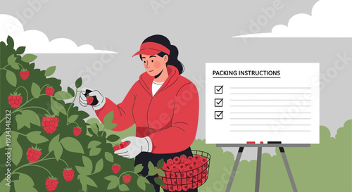 Woman picking ripe strawberries from a lush green bush.