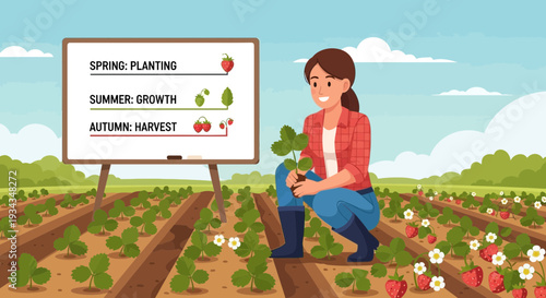 Woman tending to plants in a field with seasonal growth information.