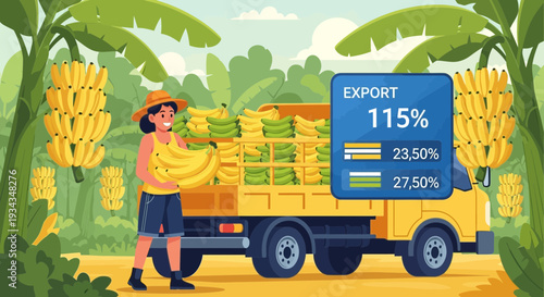Banana Export Growth Truck and Farmer Illustration.