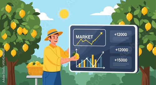 Farmer Analyzing Market Trends with Lemon Orchard Data.