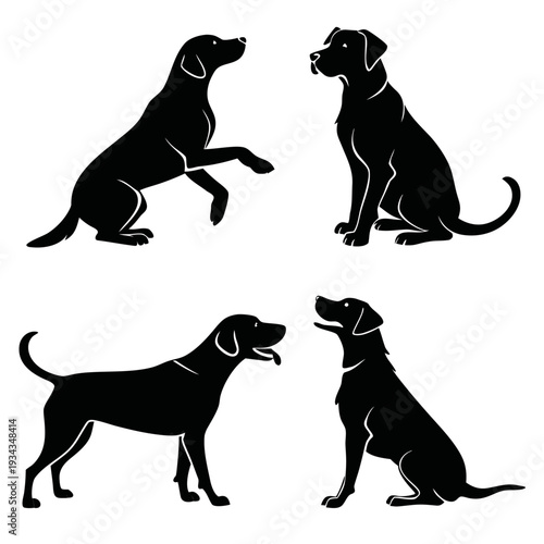 Black dog silhouettes in various poses on a white background