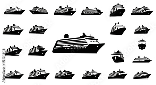 Collection of various cruise ship silhouettes, perfect for travel and maritime themes.