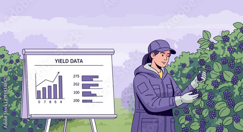 Farmer analyzing yield data with charts and graphs.