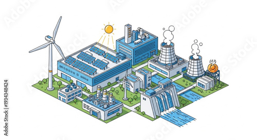 Modern Power Plant Complex with Renewable Energy Sources.