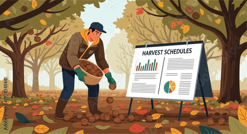 Farmer collecting apples near harvest schedule board.